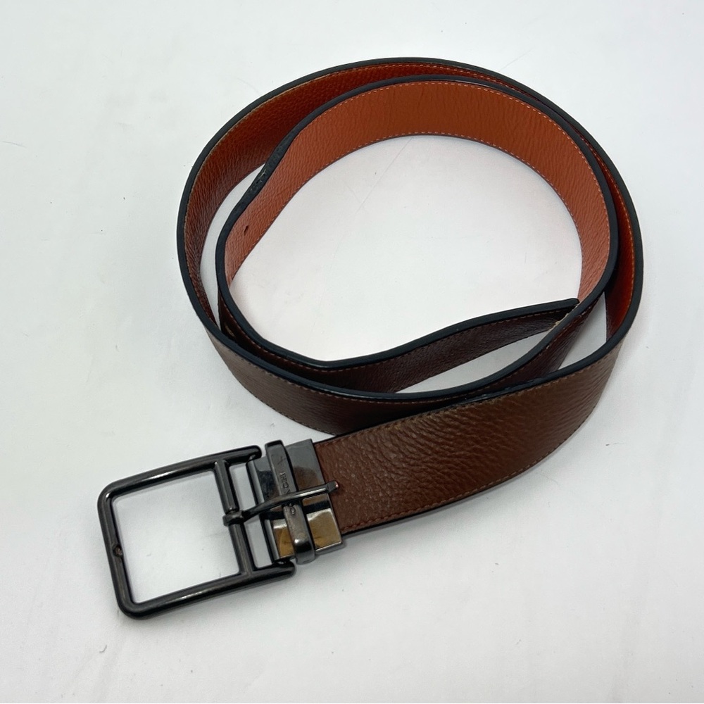 Coach Reversible Leather Belt Mens Size 46 Steel Buckle Brown Carmel Pebble
